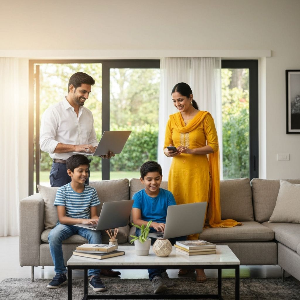 Happy family using fast WiFi internet at home