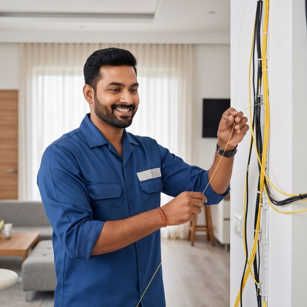 Airtel certified technician installing fiber broadband at home